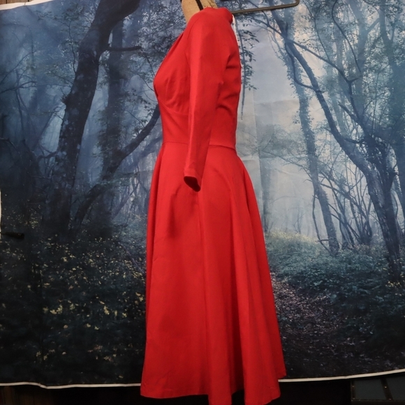 PIN UP DRESS M Red Retro Pin-up Rockabilly Long-sleeved V-neck Dance Matte 60s - Picture 9 of 14